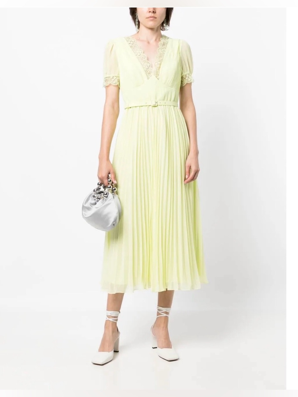 Self-Portrait Lime Green Pleated Midi Dress with Lace Trim